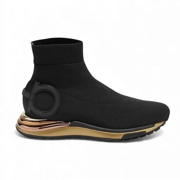 Salvatore Ferragamo Gancini Black Gold Sock Sneakers 8 Shoes Holiday Gift Ready - Picture 6 of 8